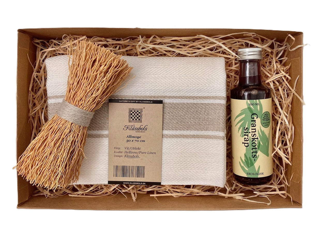 Allt i ett - presentbox - linnehandduk, disktvaga och granskottssirap