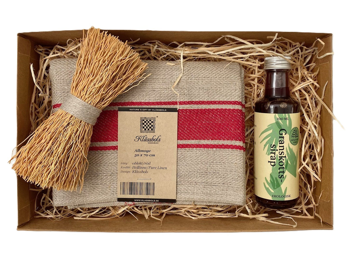 Allt i ett - presentbox - linnehandduk, disktvaga och granskottssirap