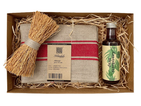 Allt i ett - presentbox - linnehandduk, disktvaga och granskottssirap